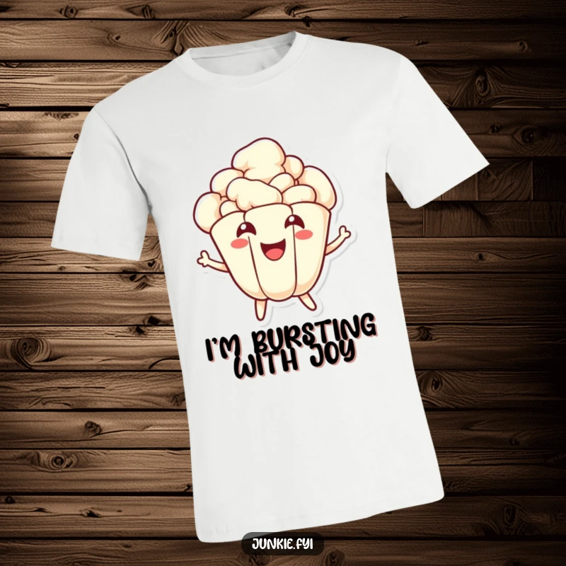 Funny popcorn t-shirt showing a joyful kernel character mid-pop, smiling widely, capturing the excitement of a snack.