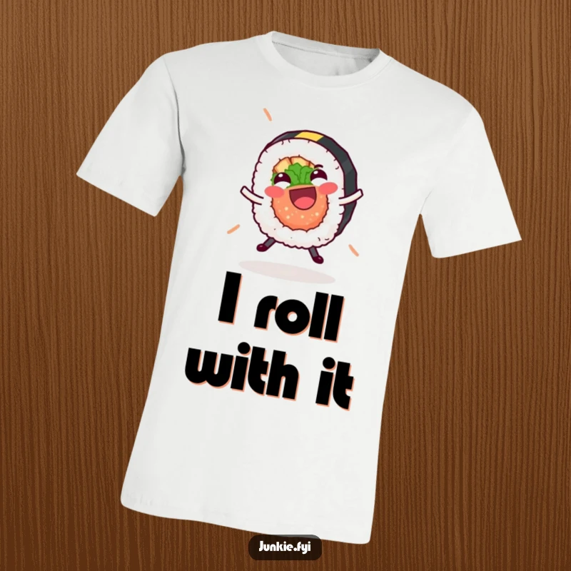Funny sushi roll t-shirt, joyfully performing a cartwheel with its nori strip flying, a hilarious food pun design.