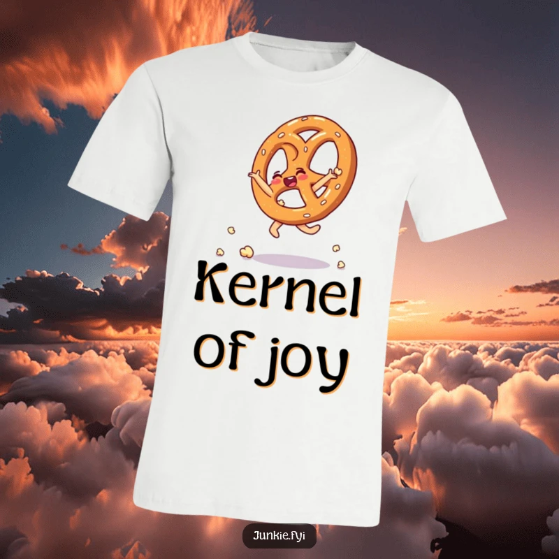 Funny t-shirt showcasing a thrilled pretzel doing a dynamic cartwheel, uniquely formed from fluffy popcorn kernels.
