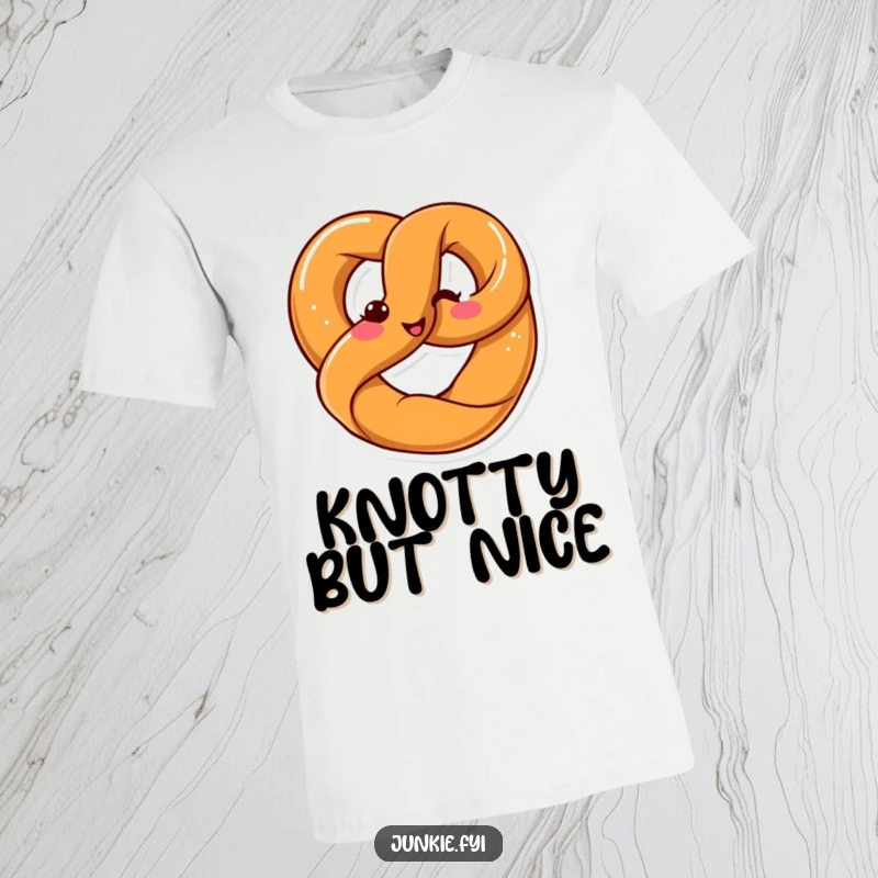 Funny Kawaii pretzel happily twisting into a pretzel shape with a smile, printed on a fun t-shirt.