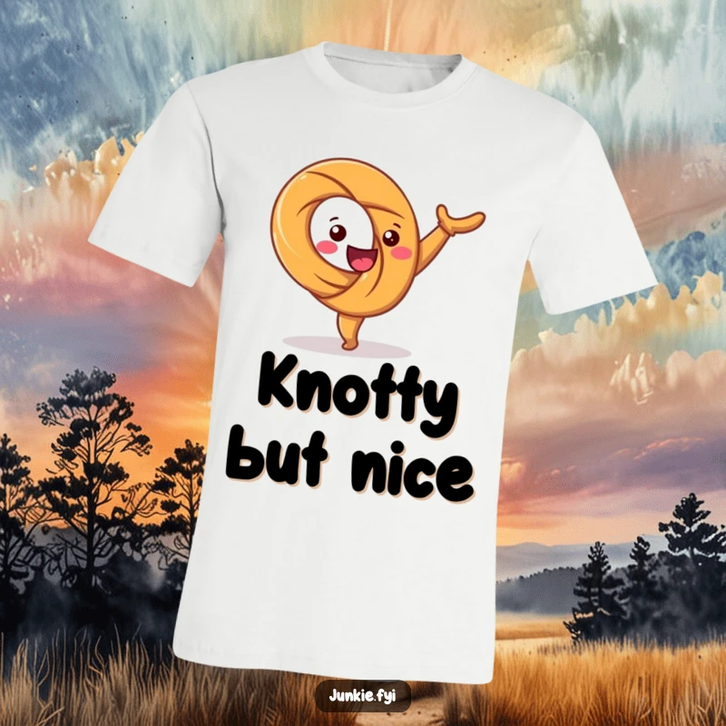 Funny t-shirt showing a happy pretzel character in mid-cartwheel, twisting with immense glee. Energetic and amusing.
