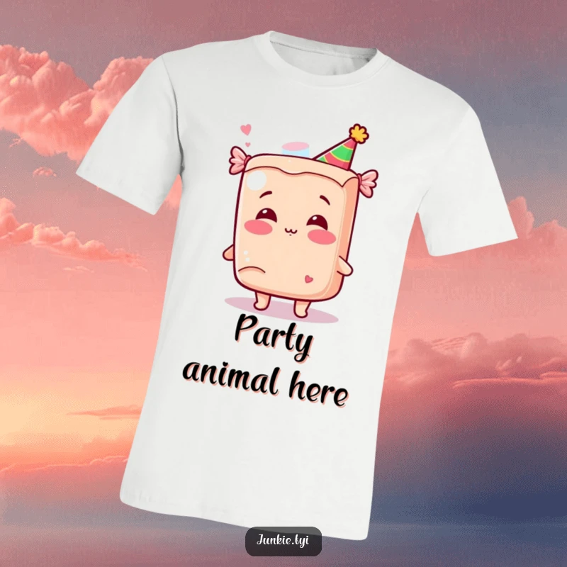 Funny Kawaii Candy Kiss T-Shirt: A giggling anthropomorphic candy bar in a party hat blows a kiss, making this a funny and sweet shirt.