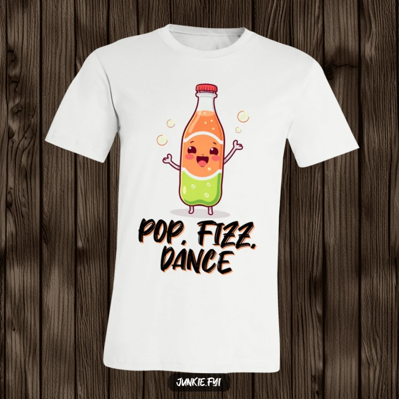 Funny Kawaii soda bottle with lots of bubbles escaping, doing a happy dance, printed on a playful t-shirt.