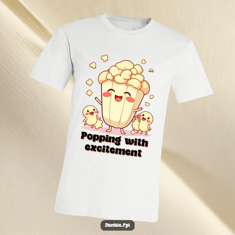 Funny T-Shirt featuring a giggling popcorn kernel surrounded by popping friends, embodying pure excitement and shared happiness.