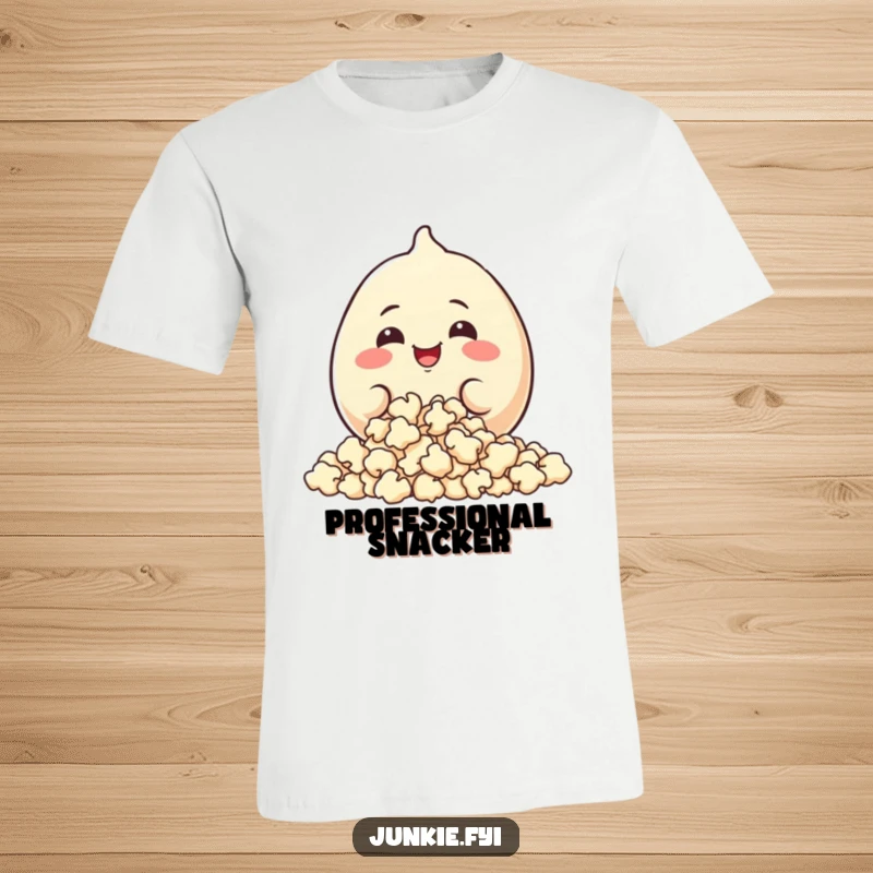 Funny T-Shirt: A plump food character with a big grin happily munches on a huge pile of delicious popcorn.