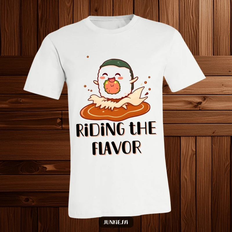 Funny t-shirt featuring a giggling sushi roll character happily surfing a dynamic wave made of soy sauce, full of zest.