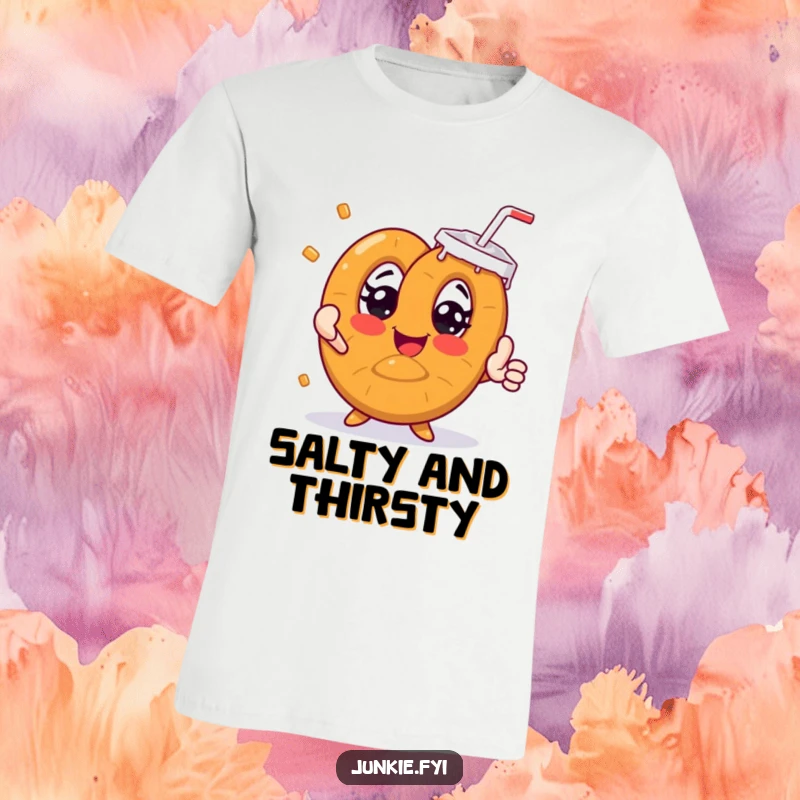 Funny pretzel character with wide eyes reaching for a giant soda, printed on a vibrant t-shirt.