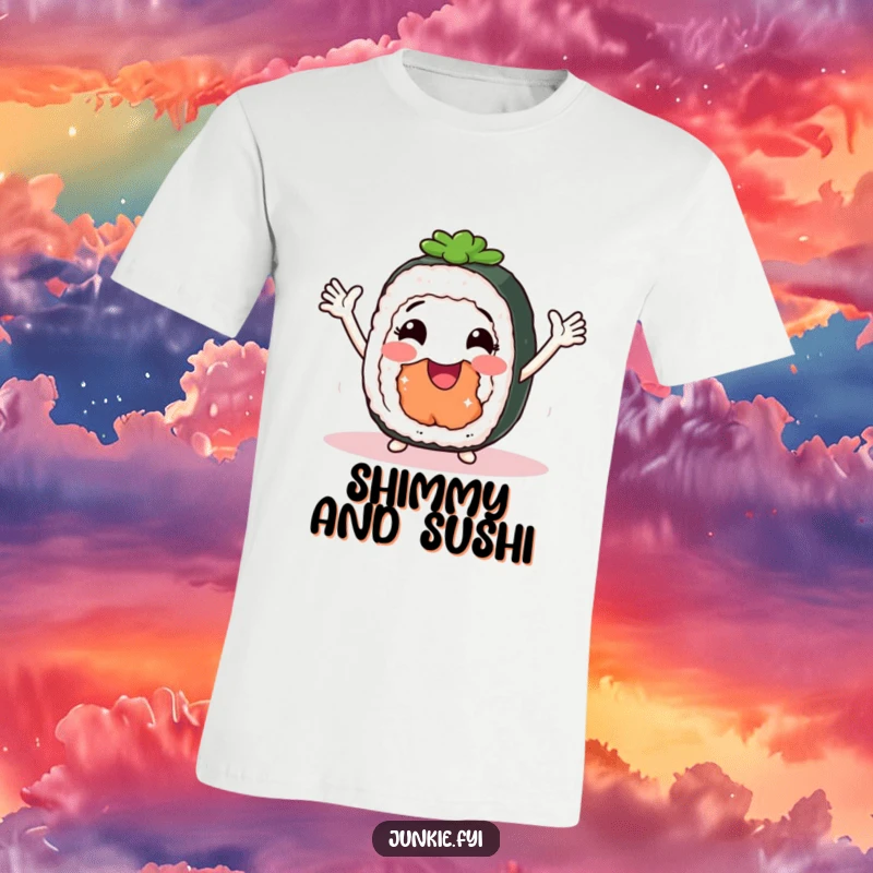 Funny T-Shirt of a smiling sushi roll with arms doing a joyful shimmy, perfect for sushi lovers and dancers.