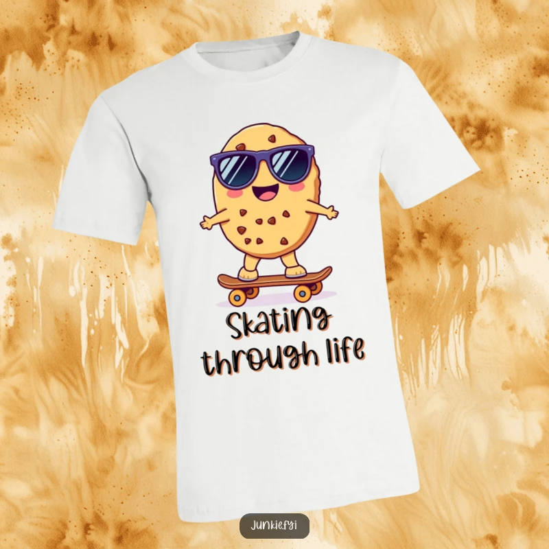 Funny Kawaii Skater Cookie T-Shirt: A cheerful anthropomorphic cookie wearing sunglasses rides a tiny skateboard, making this a cool and funny shirt.