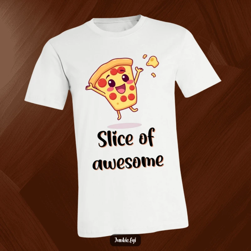 Funny pizza slice character performing a joyful cartwheel with cheese showering off, perfect for pizza lovers.