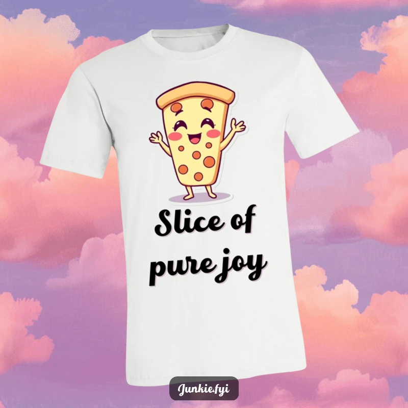 Funny pizza slice t-shirt character, doing jazz hands with pure delight, celebrating pizza and fun.