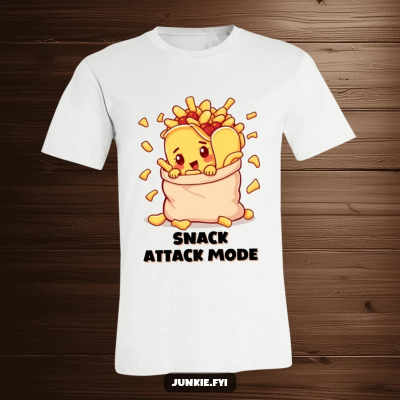 Funny t-shirt featuring a curious taco character emerging from a bursting bag of chips, full of snack-time mischief.