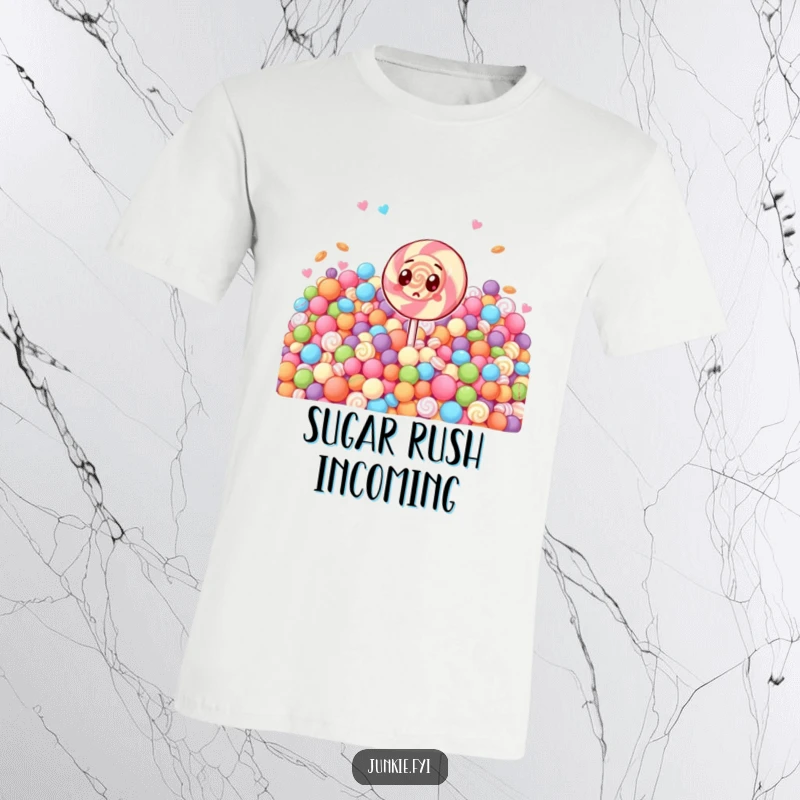Funny t-shirt showing a stunned lollipop character facing an overwhelming amount of sweets. A humorous depiction of sweet temptation.