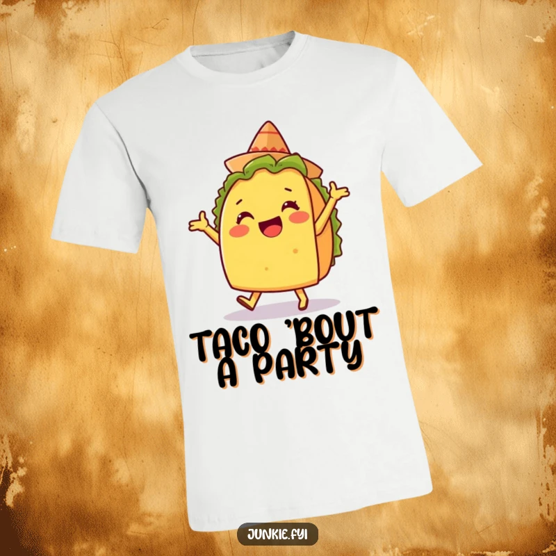 Funny t-shirt featuring a delighted taco character doing a silly dance with a tiny sombrero, full of joy.