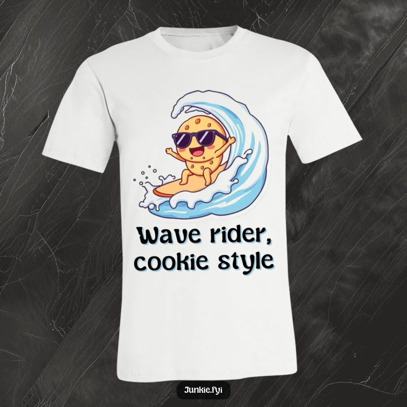 Funny Kawaii cookie sporting sunglasses, surfing a massive milk wave in a fun t-shirt design.