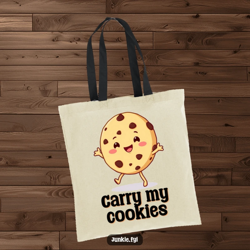 Funny cookie tote bag with a happy chocolate chip cookie character doing a playful shimmy, a sweet and comical companion.