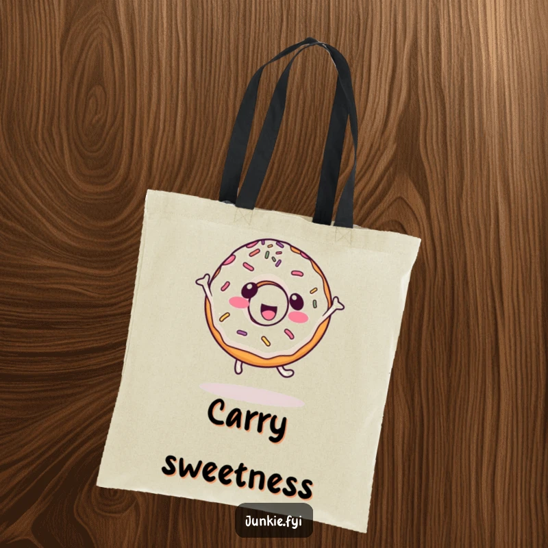 Funny kawaii tote bag with a happy donut character with sprinkles doing a cartwheel, a humorous and functional accessory.