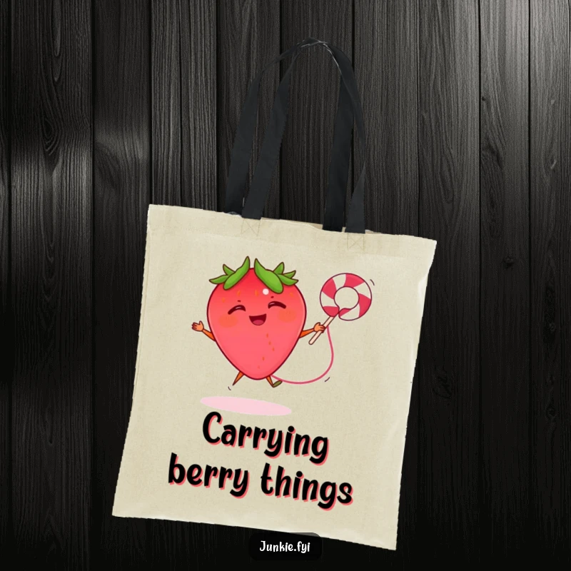 Funny tote bag with a giggling strawberry jumping rope with a licorice string, perfect for carrying active essentials and smiles.