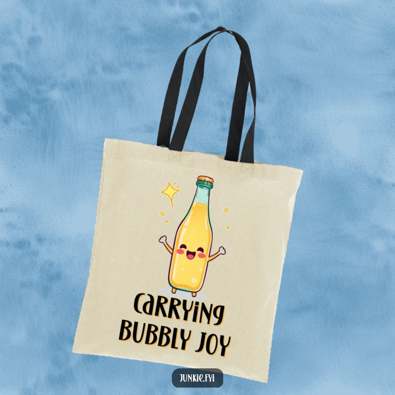 Funny Tote Bag: A happy soda bottle celebrates with a fizzy explosion, a vibrant and practical accessory.