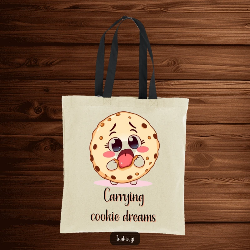 Funny tote bag designed with an excited food character taking a huge bite from a giant cookie, a humorous and practical accessory.