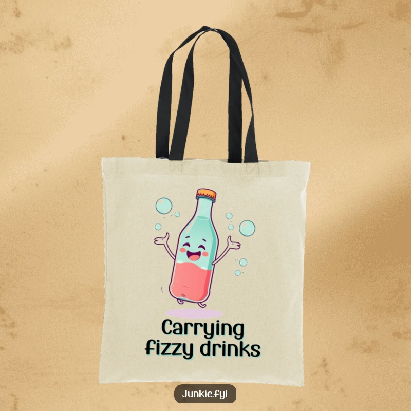 Funny Tote Bag: A giggling soda bottle character is dancing excitedly with bubbles floating around, embodying effervescent humor and fun.