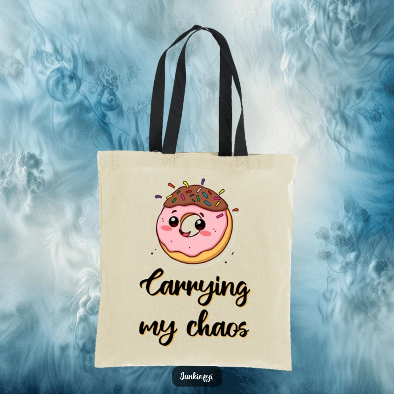 Funny donut character with sprinkle hair spinning fast on a tote bag, representing lively movement and fun.