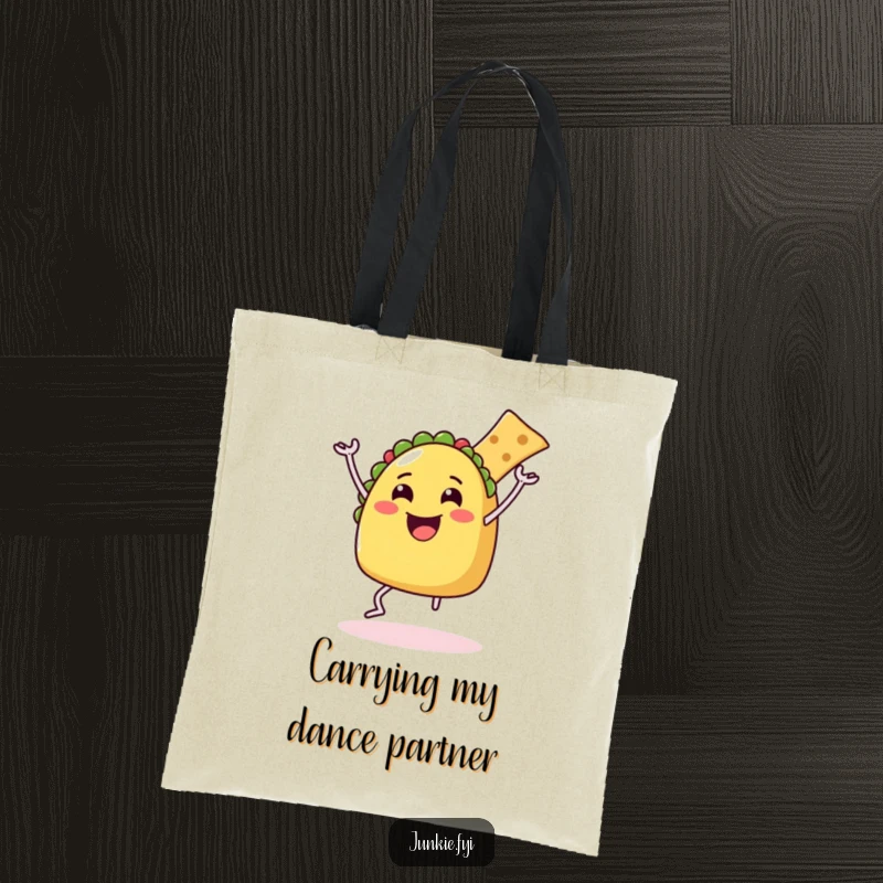 Funny Tote Bag showcasing a happy taco with legs performing a delighted dance with a chip, a symbol of portable fun.