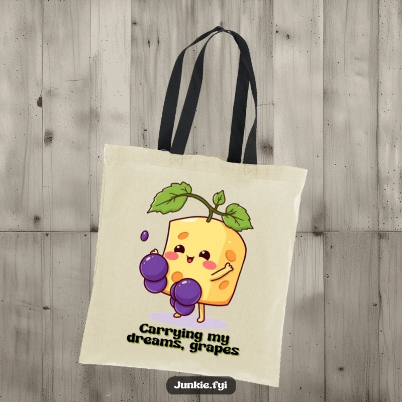 Funny Kawaii cheese character with arms wide, attempting to catch a falling grape, a practical and humorous tote bag design.