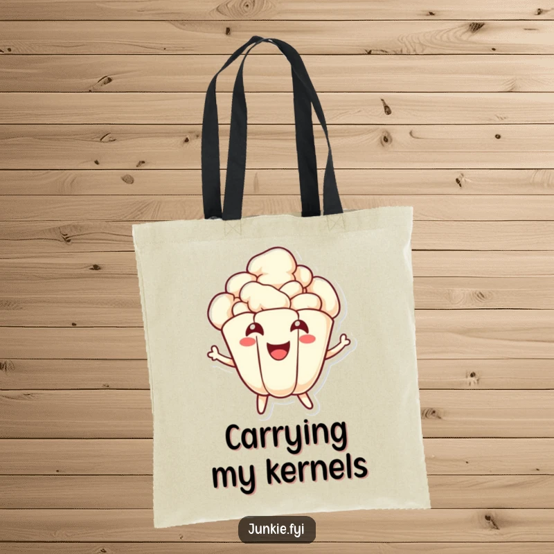 Funny popcorn tote bag with a joyful kernel character energetically popping, a cheerful and convenient companion for snacks.