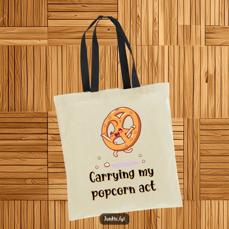 Funny tote bag depicting a thrilled pretzel performing an energetic cartwheel composed of delicious popcorn kernels.