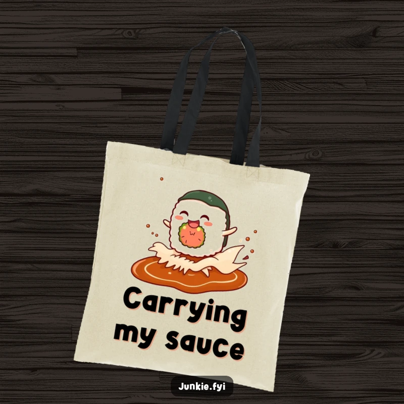 Funny tote bag showing a giggling sushi roll character happily riding a wave of soy sauce, ideal for culinary enthusiasts.