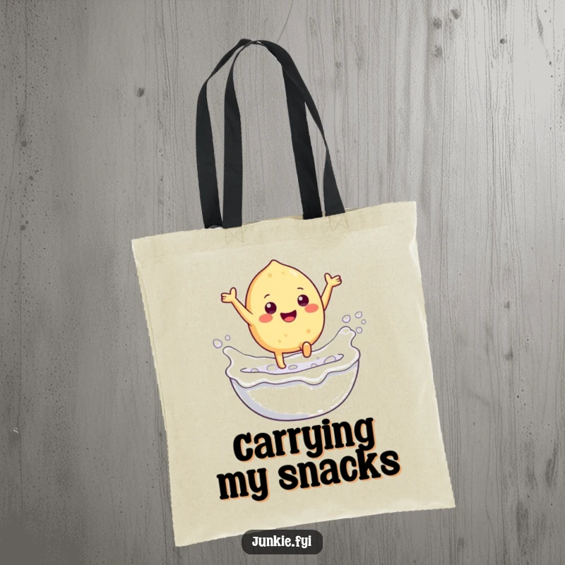 Funny tote bag with a gleeful food character's tiny legs leaping into a foamy milk bath, a humorous and practical accessory.