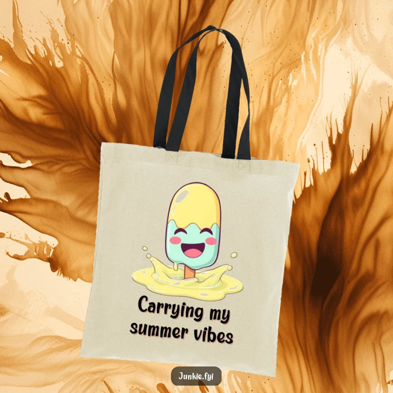 Funny popsicle character melting with joy while splashing in a lemonade puddle on a durable tote bag.