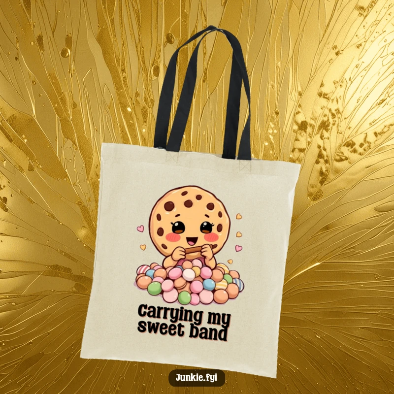 Funny tote bag featuring a happy cookie charmer playing a tiny flute, charming a delectable pile of assorted candies.