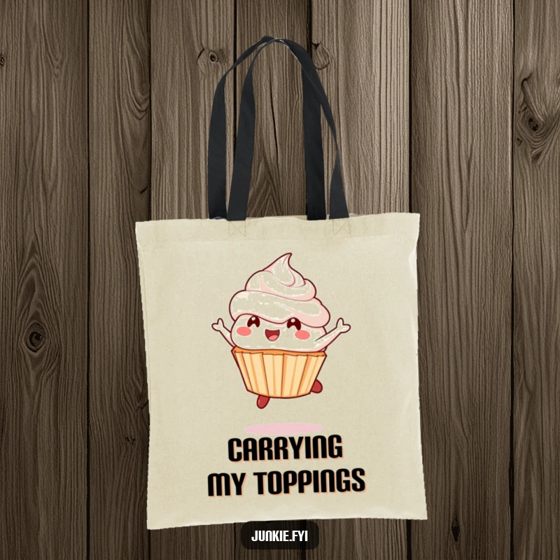 Funny cupcake tote bag, a delighted character mid-leap with frosting flying, a sweet and practical accessory.