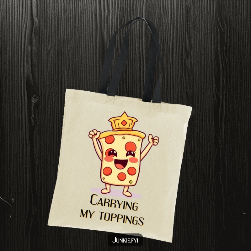 Funny Tote Bag featuring a cheerful pizza slice character holding a pepperoni like a trophy, perfect for carrying goods with flair.