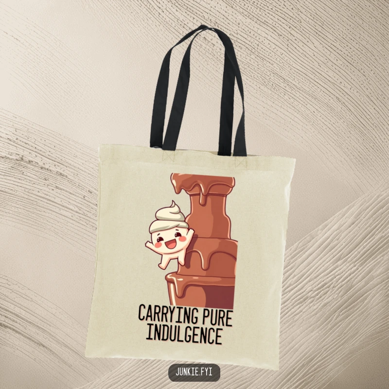 Funny tote bag: A happy food character with a beaming smile dangles over a rich chocolate fountain, ready for a delicious plunge.