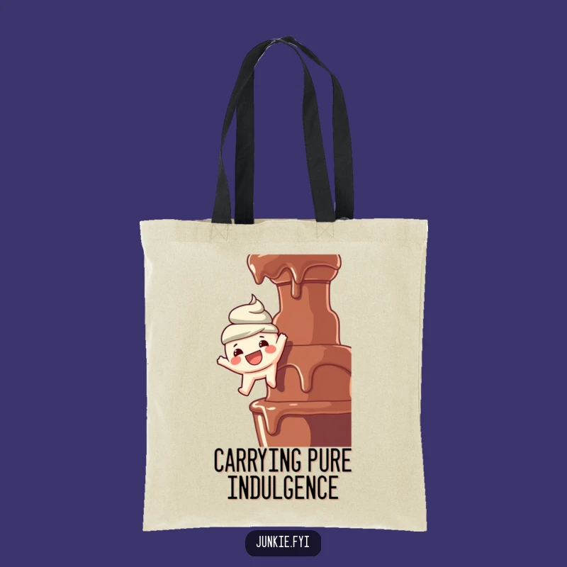 Funny Tote Bag: Foodie Dangles Over Chocolate Fountain, Carry Your Sweets in Style!