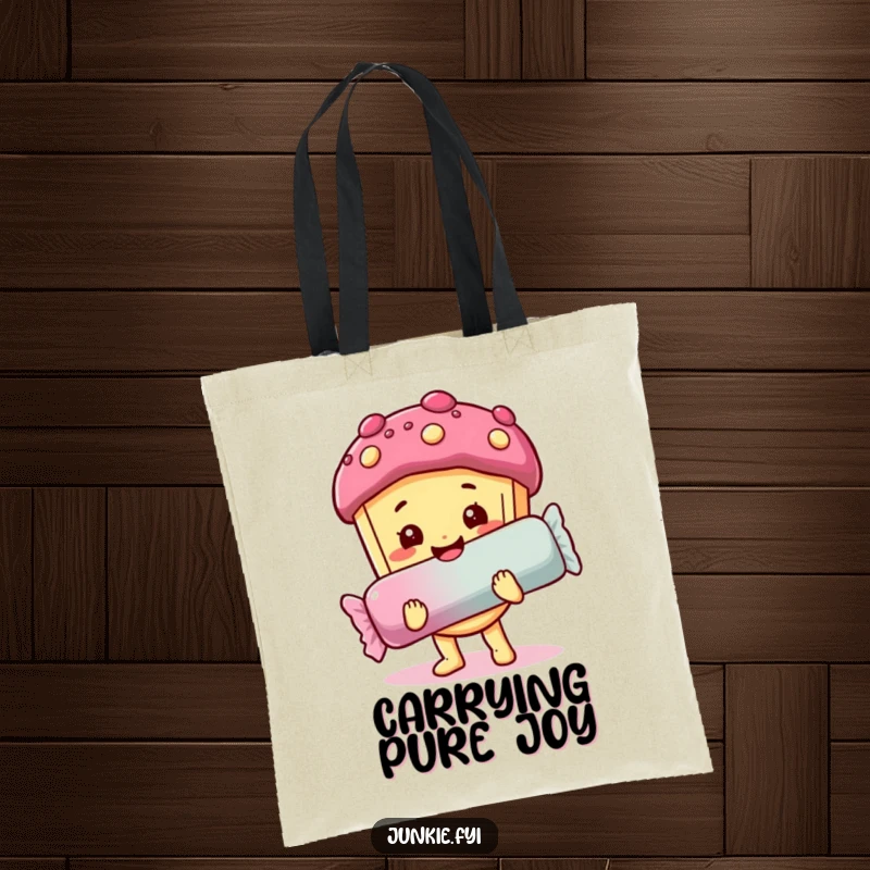 Funny tote bag: A cheerful food character with a sweet expression joyfully holds a giant candy bar, symbolizing happiness.