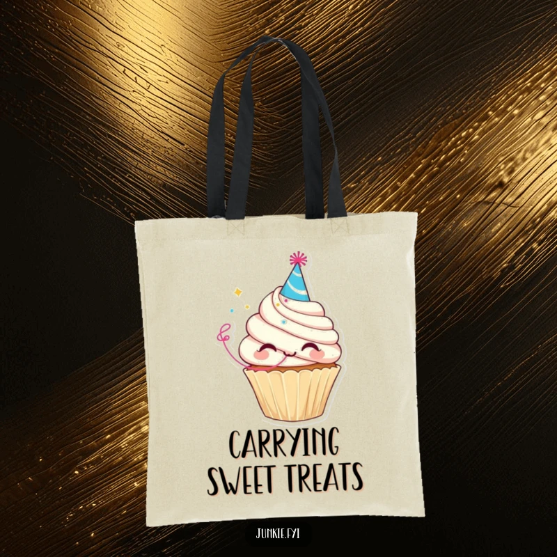Funny tote bag showing a delighted cupcake character in a party hat blowing a streamer, ideal for carrying festive items.