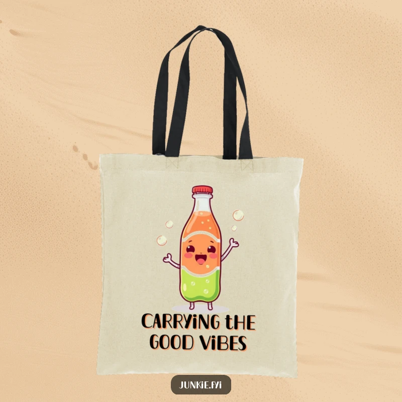 Funny Kawaii soda bottle dancing with vigorously escaping bubbles, durable tote bag for carrying essentials.