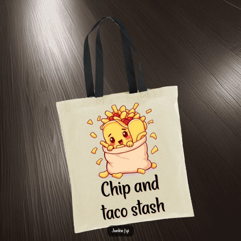 Funny tote bag showing a curious taco character peering out from a bulging bag of chips, ideal for snack lovers.