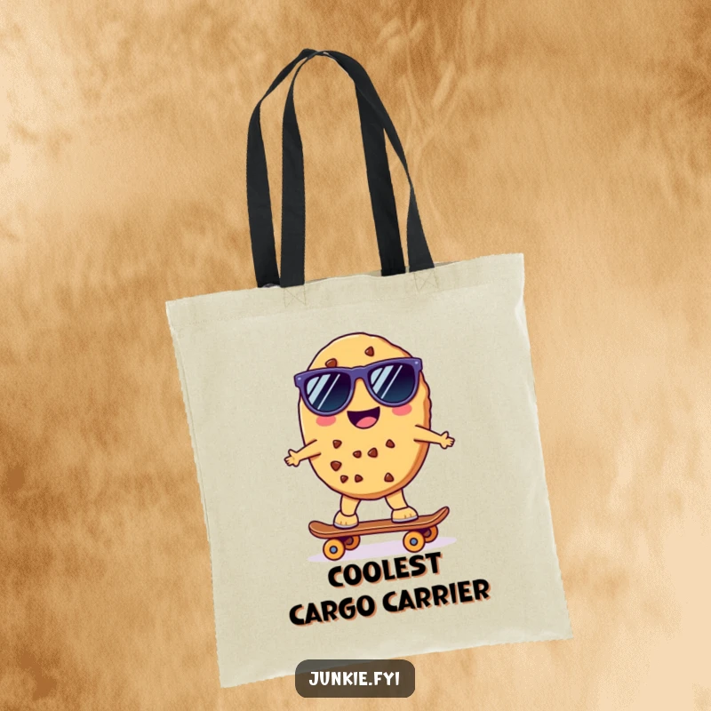Funny Kawaii Skater Cookie Tote Bag: A cheerful anthropomorphic cookie wearing sunglasses rides a tiny skateboard, making this a functional and funny tote.