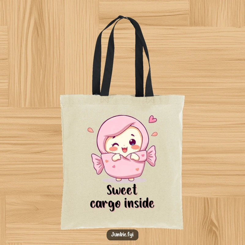 Funny Tote Bag featuring a delighted candy bar character in the process of unwrapping itself, a humorous and charming accessory.