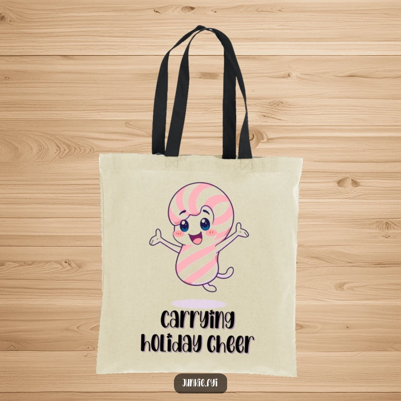 Funny candy cane tote bag, a cheerful character twirling enthusiastically, a festive and practical accessory.