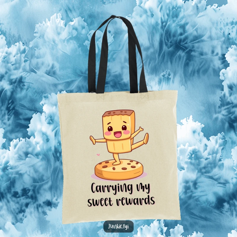 Funny Tote Bag featuring a delighted candy bar performing gymnastics on a cookie, a charming accessory for daily use.