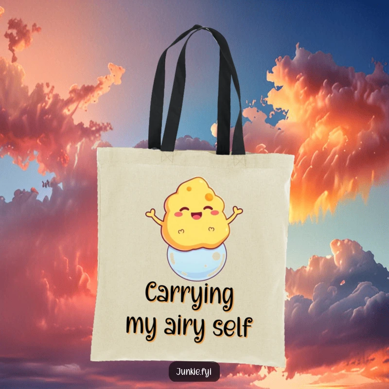 Funny tote bag featuring a grinning cheese puff floating triumphantly on a bubble, a charming and airy accessory.