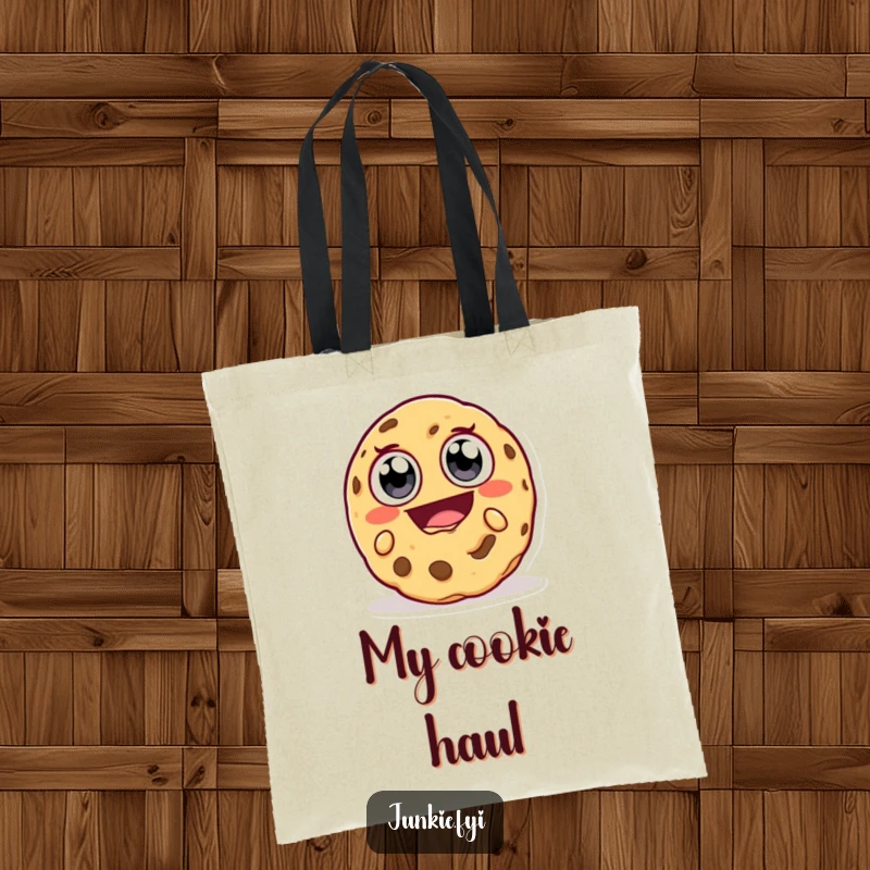 Funny Tote Bag: A happy cookie character with big eyes takes a huge, delighted bite, embodying snack-time humor and enjoyment.