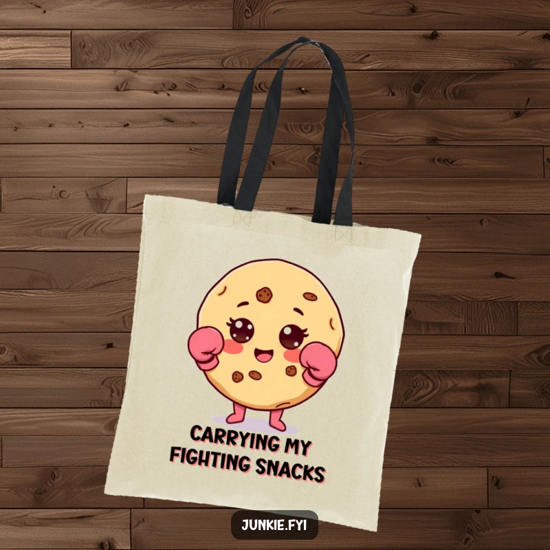 Funny cookie character with chip accents and tiny boxing gloves on a durable tote bag.