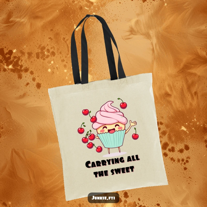 Funny cheerful cupcake tote bag juggling cherries, a playful and practical accessory, perfect for shoppers.
